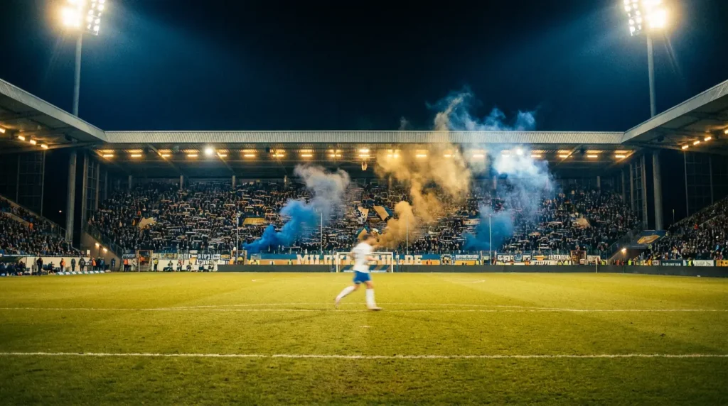 Apuestas en vivo en la Bundesliga: ambiente nocturno en un estadio alemán durante un partido