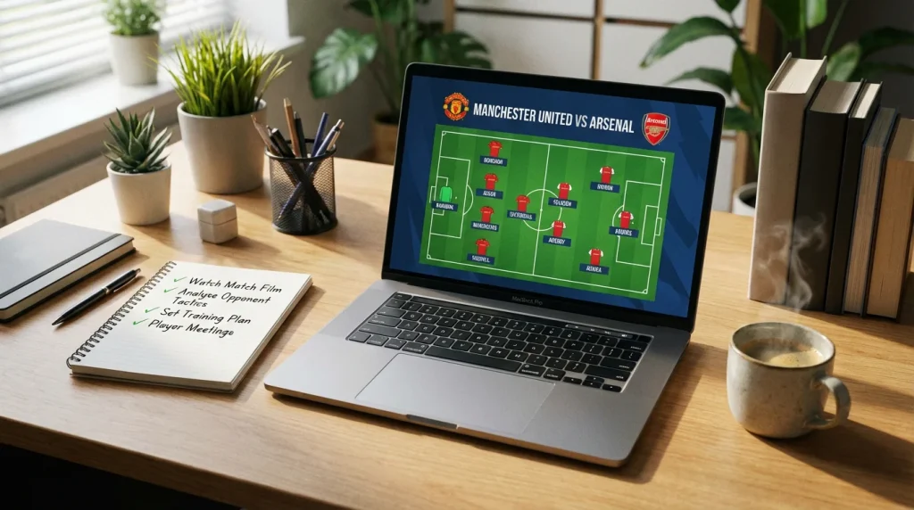Escritorio con un portátil abierto mostrando alineaciones de fútbol junto a una libreta con un checklist marcado