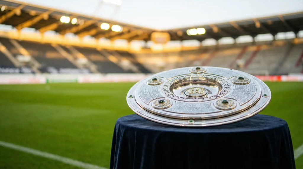 Trofeo de la Bundesliga (Meisterschale) sobre una mesa con fondo de césped de estadio de fútbol desenfocado