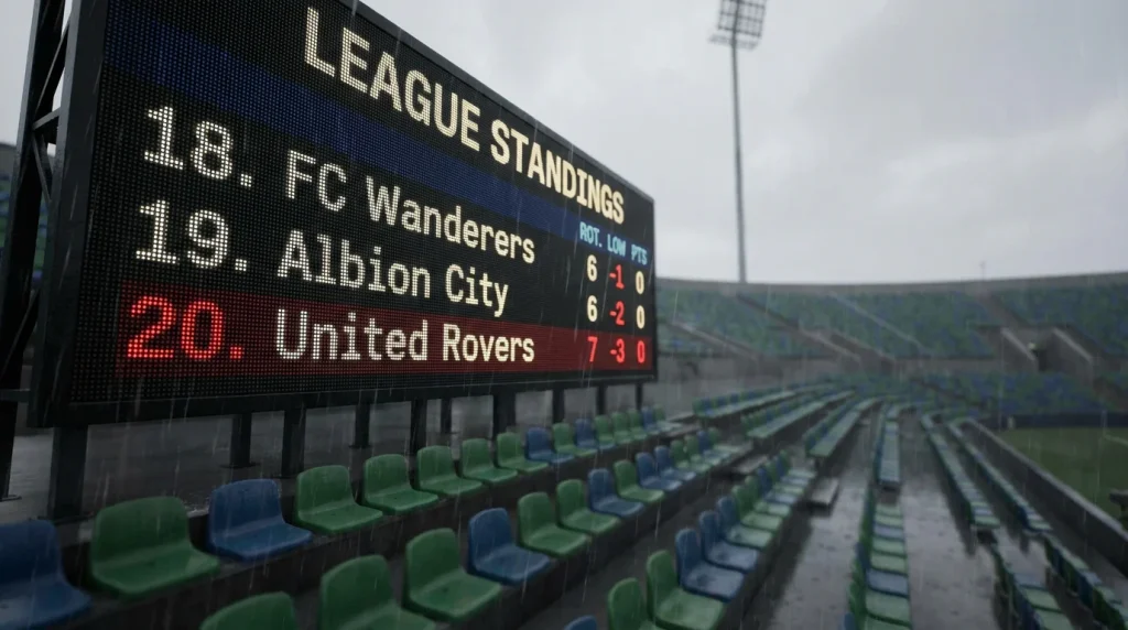 Vista de la parte baja de una tabla clasificatoria de la Bundesliga proyectada en una pantalla de estadio