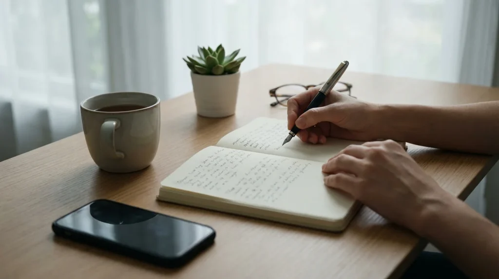 Manos de una persona escribiendo en una libreta junto a un teléfono móvil con la pantalla apagada sobre un escritorio limpio
