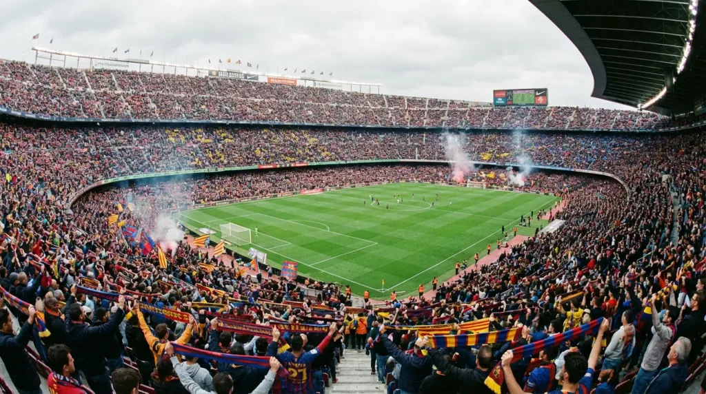 Estadio de fútbol de la Bundesliga completamente lleno de aficionados visto desde una esquina del campo
