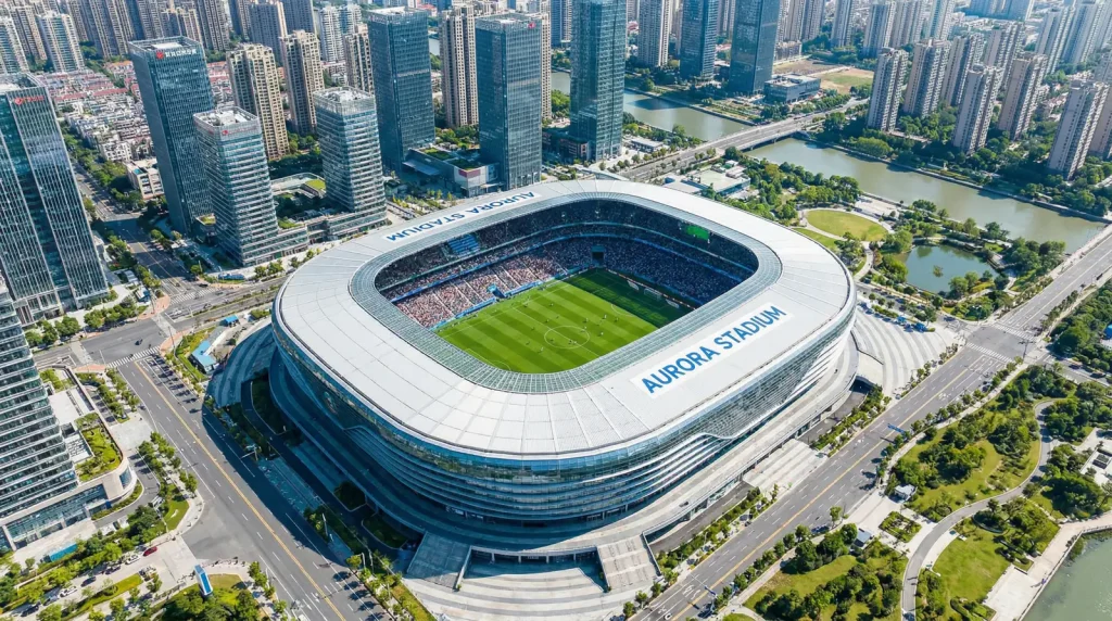 Vista aérea de un estadio de fútbol moderno de la Bundesliga rodeado de infraestructura urbana