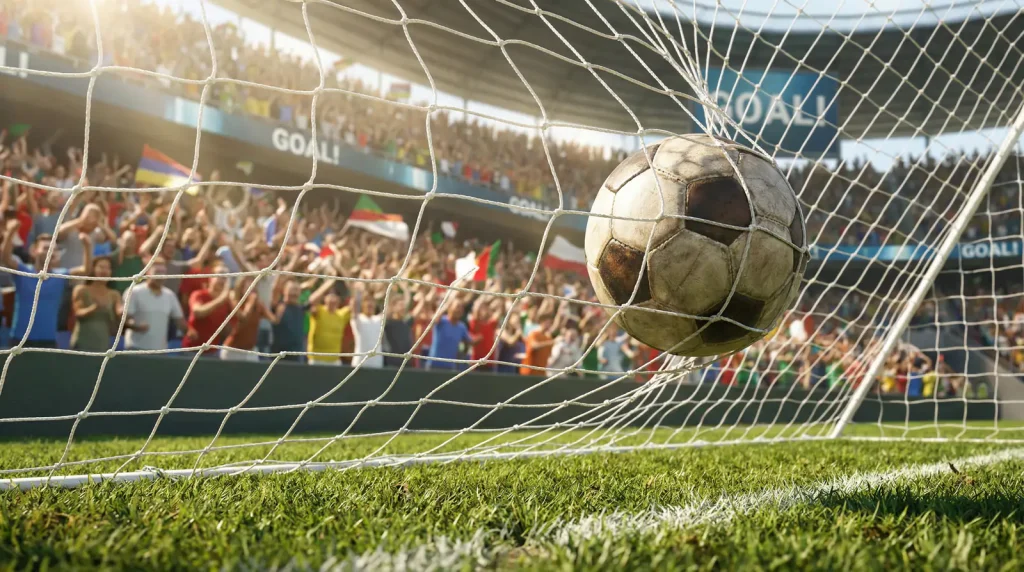 Balón de fútbol dentro de la red de una portería en un estadio de la Bundesliga tras un gol