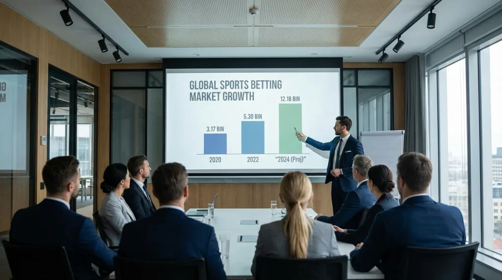Gráfico de barras ascendente proyectado en una pantalla de presentación sobre el mercado de apuestas deportivas