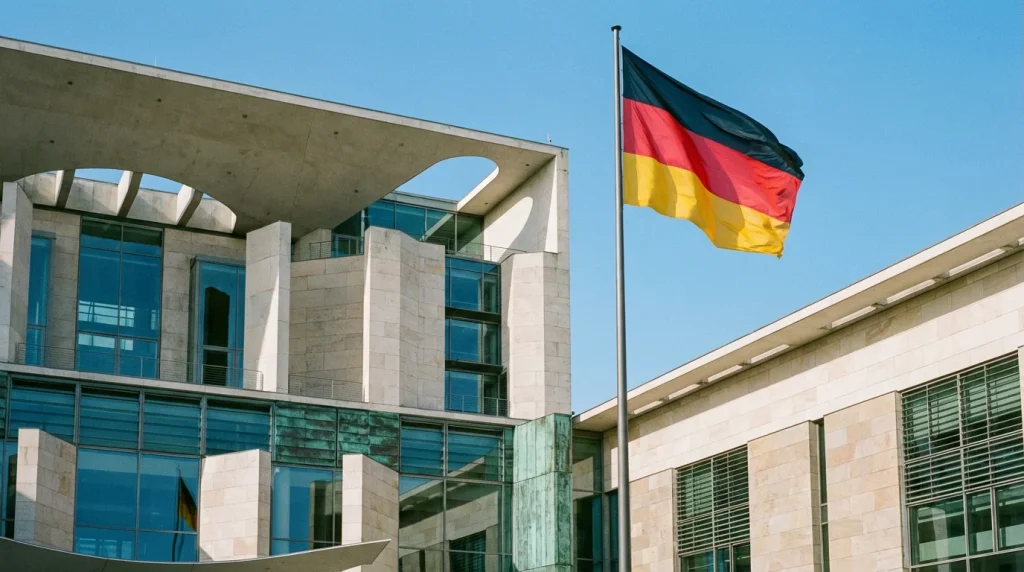 Edificio institucional alemán con bandera de Alemania ondeando frente a un cielo despejado