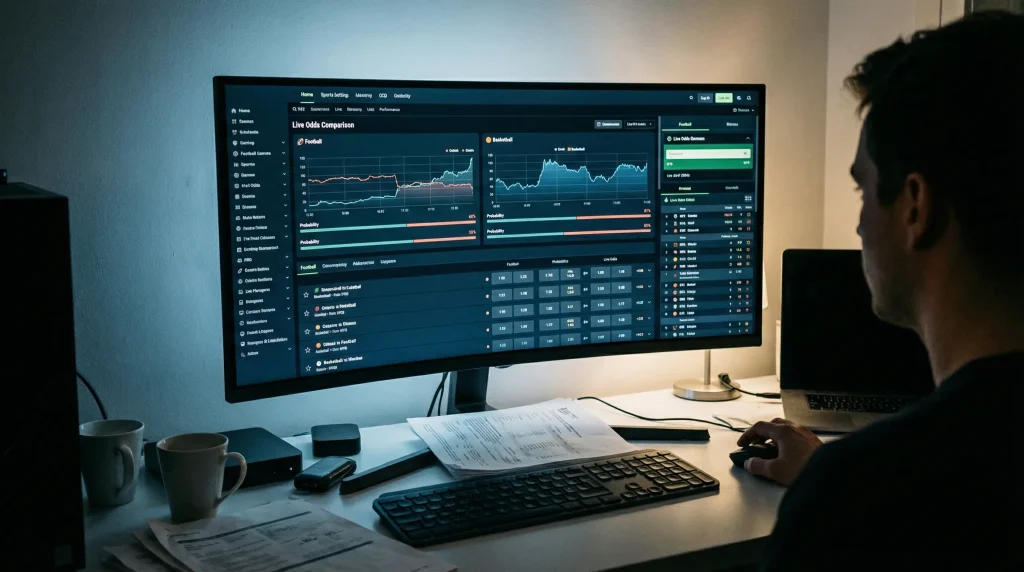 Pantalla de ordenador mostrando cuotas de apuestas deportivas con gráficos de comparación de probabilidades